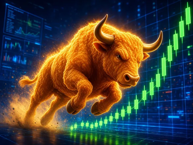 A golden nugget bull charging past green candlesticks